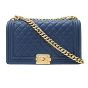 CHANEL Navy Quilted Boy Shoulder Bag with Gold Chain